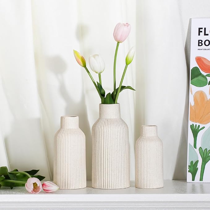 Bohemian Beige Ceramic Vase - for Pampas Grass, Mantel, Bookshelf, Entryway and Living Room Decor (Beige, 8in)