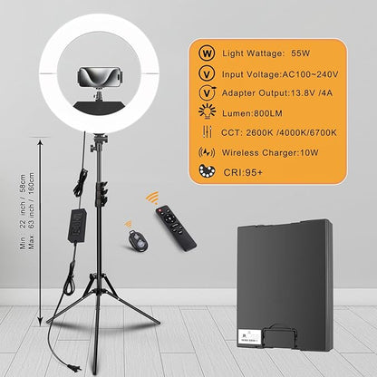 Ring Light Kit:18"/45cm Outer 55W6700k Dimmable LED Light, Tripod Stand, Remote Controller,Box for Camera,Smartphone,YouTube,TikTok,Self-Portrait Shooting,CRI90,Black