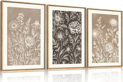 Neutral Boho Flower Framed Canvas Wall Art Set,Vintage Rose Peony Wildflower Wall Decor,Modern Natural Brown Black Floral Botanical Artwork for Living Room, Bedroom,Farmhouse-16 x24 x3