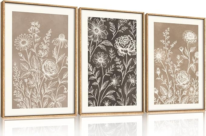 Aryroi Neutral Boho Flower Framed Canvas Wall Art Set,Vintage Rose Peony Wildflower Wall Decor,Modern Natural Brown Black Floral Botanical Artwork For Living Room, Bedroom,Farmhouse-24 x36 x3