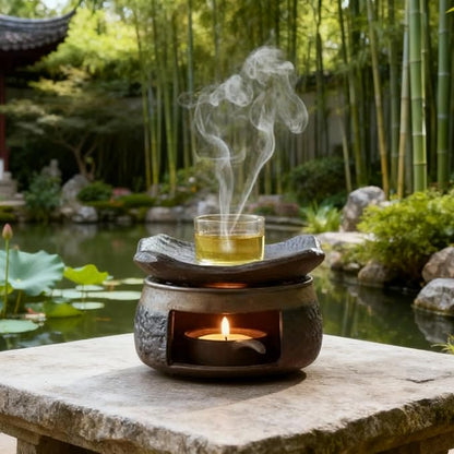 Ceramic Aromatherapy Stove Essential Oil Burner, Cedar and Zen Inspired Smudge Pot Oil Burner for Home Fragrance, Handmade Wax Melt Warmer, Meditation & Relaxation Décor, (1)