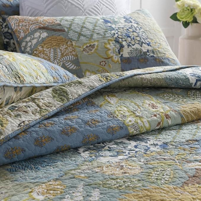 Cotton Bedspread Quilt Sets Reversible Bedding Coverlet Sets 3 Pieces Vintage Floral Patchwork Paisley Green Rustic Bedspread, Queen Size