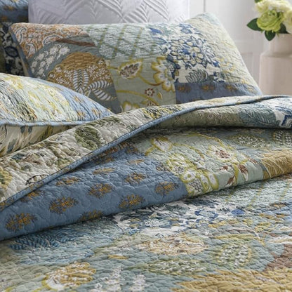 Cotton Bedspread Quilt Sets Reversible Bedding Coverlet Sets 3 Pieces Vintage Floral Patchwork Paisley Green Rustic Bedspread, Queen Size