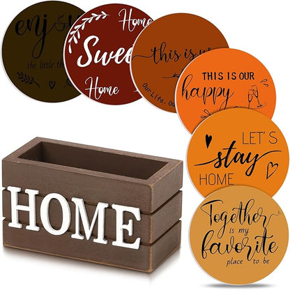 Queekay Coasters Set of 6 House Warming Gifts New Home Wooden Farmhouse Drink Coasters with Holder 4'' Funny Decoration for Kitchen Family Coffee Bar Tabletop Protection(Fall Color)