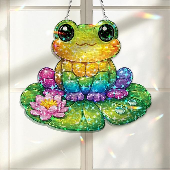 Rainbow Lotus Frog Acrylic Suncatcher, Window Hanging Sun Catcher Ornament, Crystal Prism Light Catcher Decor, Sunlight Window Decor, Aesthetic Home Decor Gift