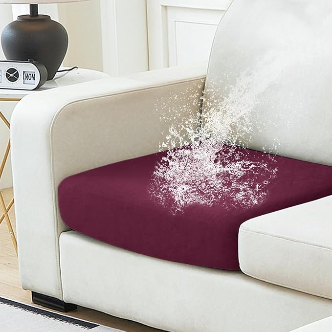 NAISI Waterproof Couch Cushion Covers Thick Velvet Fabric Washable Sofa Slipcovers 1 Piece Individual Sectional Couch Covers with Elastic Bottom(1 PC for Seat Cushion or Backrest,Burgundy)