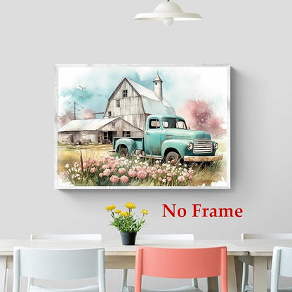 Blue Truck Poster Rustic Landscape Painting Farmhouse Tractor Wall Art Country House Painting Farmhouse Barn Picture Old Tractor Canvas Wall Art Old Barn Poster Blue Farmhouses Picture 16x24in No Frame