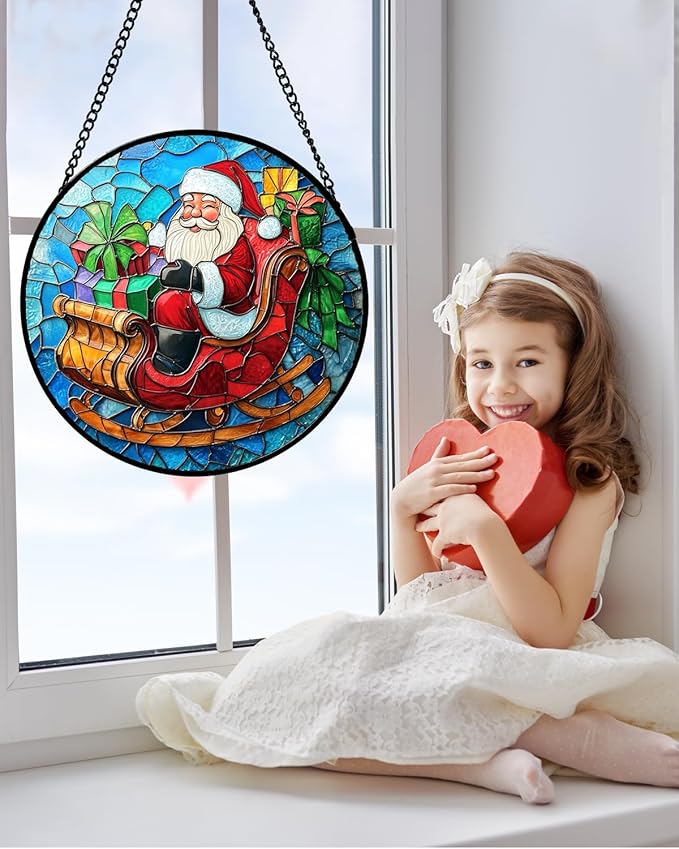 DASTOLL Stained Glass Window Hanging - Red Santa Claus Gift Box Suncatcher for Doors Home Christmas Decoration Winter Sun Catcher Thanksgiving New Year Birthday Gift for Women Men Mom Nana 7.8 in