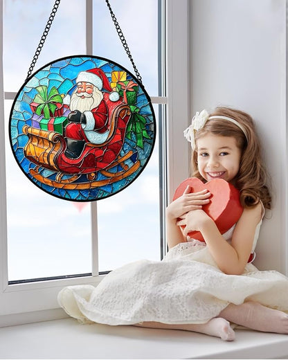 DASTOLL Stained Glass Window Hanging - Red Santa Claus Gift Box Suncatcher for Doors Home Christmas Decoration Winter Sun Catcher Thanksgiving New Year Birthday Gift for Women Men Mom Nana 15 in