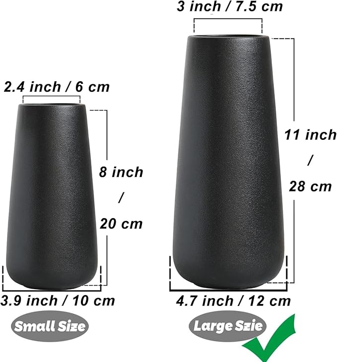 8 Inch Tall Matt Black Ceramic Vase for Flowers & Pampas Grass, Small Classic Rustic Style Decorative Vases for Home Decor Table Centerpieces