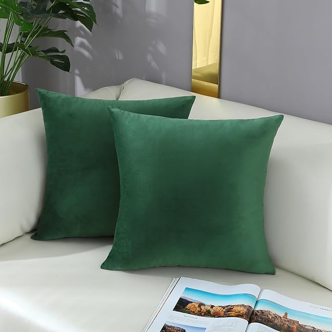 mixeoo Comfy Hunter Green Throw Pillow Covers Decorative Square Solid Thick Velvet Super Soft Couch Cushion Cases for Livingroom Sofa Decor, Set of 2, 20 x 20 Inch