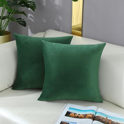 mixeoo Comfy Hunter Green Throw Pillow Covers Decorative Square Solid Thick Velvet Super Soft Cushion Cases Home Decor for Sofa Couch, Set of 2, 18 x 18 Inch