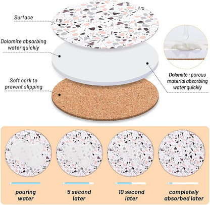 Acejoz Drink Coasters with Holder, Set of 6, Terrazzo Pattern, Ceramic, Round, 4 Inches