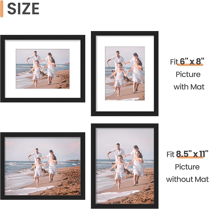 upsimples 8.5x11 Picture Frame Set of 5, Display Pictures 6x8 with Mat or 8.5 by 11 Without, Wall Gallery Photo Frames, Black