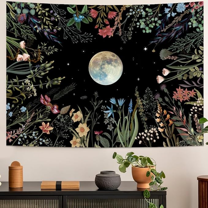 Amhokhui Moonlit Garden Tapestry Boho Moon Tapestry Floral Flower Tapestries Colorful Plants Tapestries Black Wall Hanging Decor for Home