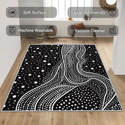 Black and White Rugs for Living Room - Black and White Polka Dots Area Rug, 5x7 Rug, Abstract Rug & Home Decor, Contemporary Modern Carpet & Room Decor, Washable Non Slip Anti Skid Rugs