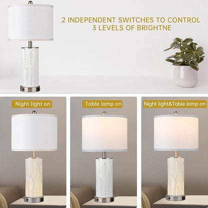 Ceramic Beautifully Engraved Decorative 25" Table Lamps Set of 2 with Nightlight,E26 Socket&Rotary Switch,USB A+C Ports,Modern Bedside Lamps for Nightstand,Bedroom(Bulbs Included)