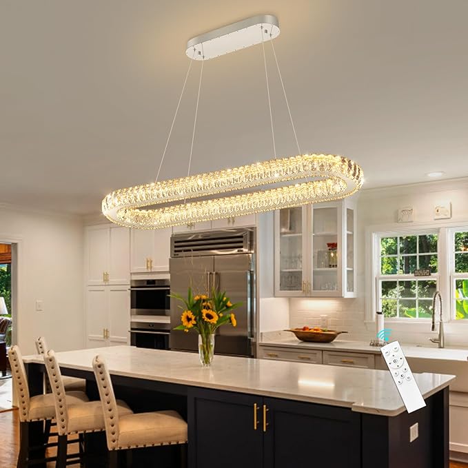 LED Ring Chandelier Oval Rings Pendant Lights for Dining Table Kitchen Island Remote Dimmable Hanging Light Chandeliers for Entryway Living Room Crystal Lighting Silver