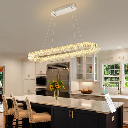 LED Ring Chandelier Oval Rings Pendant Lights for Dining Table Kitchen Island Remote Dimmable Hanging Light Chandeliers for Entryway Living Room Crystal Lighting Silver