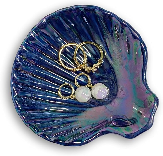 Shell Jewelry Holder Dish Aesthetic, Ceramic Seashell Trinket Dish for Women, Cute Room Decor Jewelry Plates for Earrings Ring Necklace, 3.9", Indigo Iridescent Surface