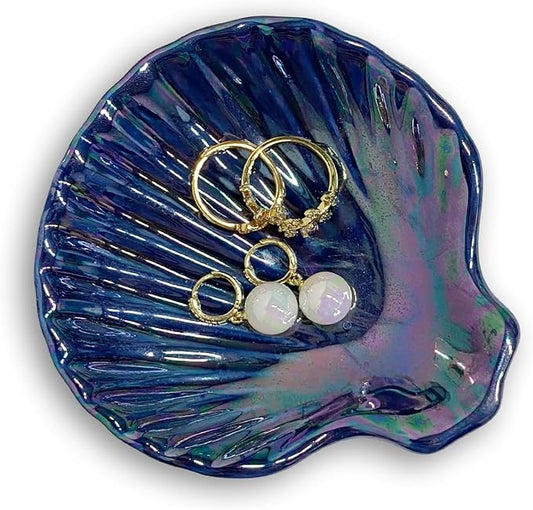 Shell Jewelry Holder Dish Aesthetic, Ceramic Seashell Trinket Dish for Women, Cute Room Decor Jewelry Plates for Earrings Ring Necklace, 3.9", Indigo Iridescent Surface