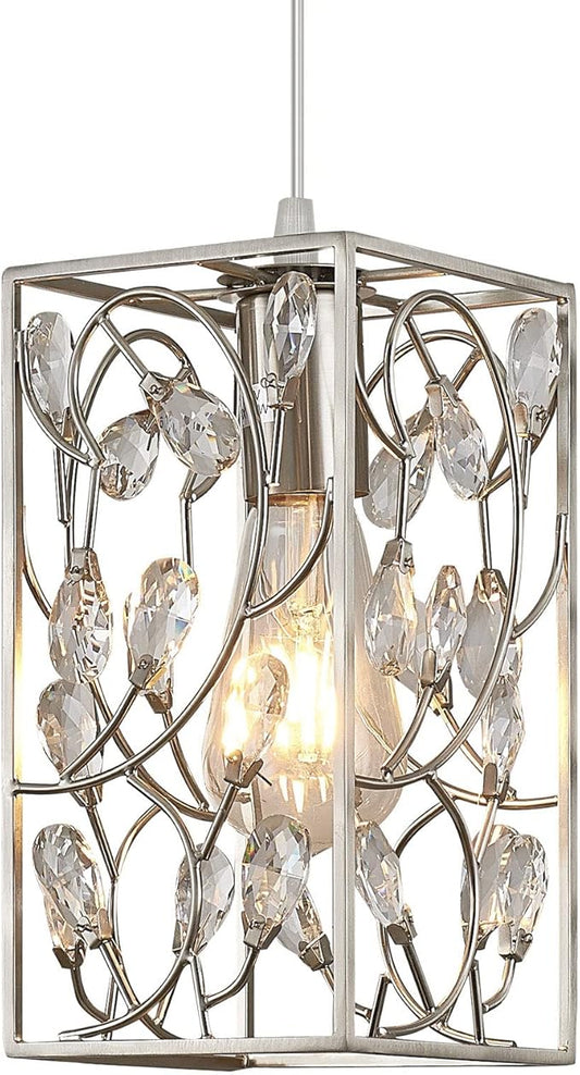 Modern Mini Crystal Pendant Light with Metal Cage 1-Light Rectangular Pendant Lighting Fixture for Kitchen Island Sink Countertop Dining Room Farmhouse, Brushed Nickel Finish
