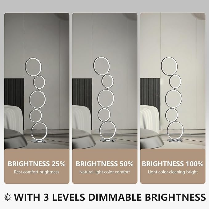 COSYLUX LED Modern Floor Lamp for Bedroom, 3 Way Bright Dimmable Corner Standing lamp with 5-Ring for Living Room & Office Reading Light, 3260LM, 6000K, Chrome.