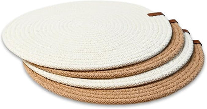 Round Placemats, Set of 4, Handmade by Braided Cotton Cord for Kitchen and Dining Table, Dia. 12.6 Inch, Doublesided, Heat Resistant, Off-White/Cappuccino