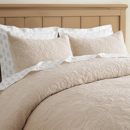 EVERGRACE 100% Cotton Paisley Quilt Set, Oversized King 3 Piece Set – Prewashed Lightweight Bedspread with 2 Shams, Soft & Breathable Matelasse Coverlet for All-Season Comfort, Flax Beige