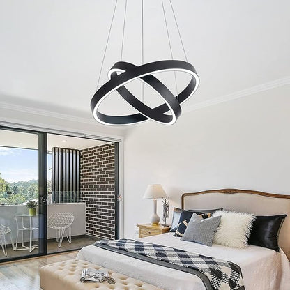 MADEM Room Decor Modern LED Pendant Light 2-Ring Circular Contemporary Chandelier Flush Mount Pendant Lighting for Living Dining Room Bedroom, 6000K Cool White, 36W, Black