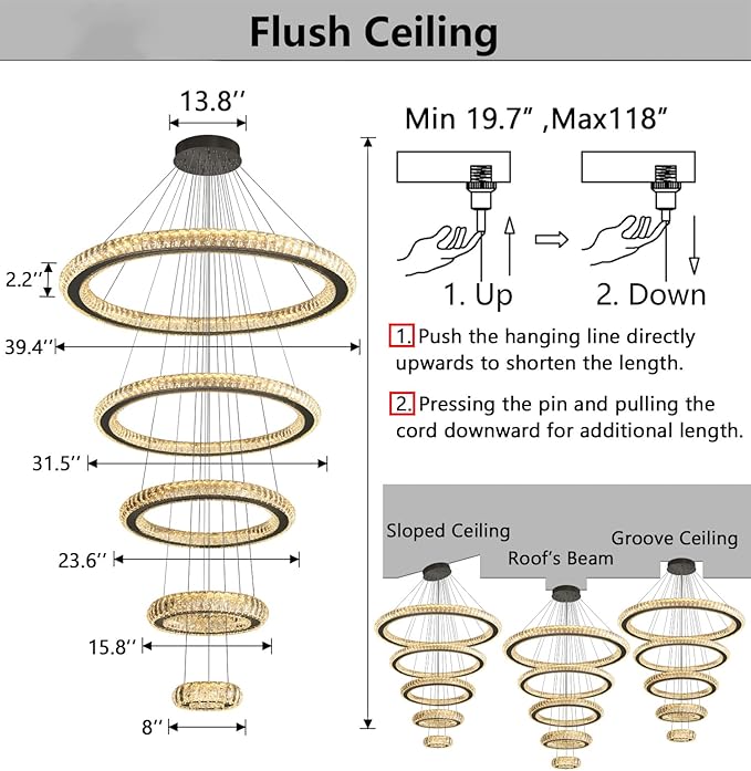 Modern Chandelier 8"+16"+24"+32"+40" 5 Rings Crystal LED Dimmable Lighting Foyer Entryway High Ceiling Living Room Chanderliers Pendant Lights Fixtures Black Light