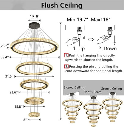 Modern Chandelier 8"+16"+24"+32"+40" 5 Rings Crystal LED Dimmable Lighting Foyer Entryway High Ceiling Living Room Chanderliers Pendant Lights Fixtures Black Light