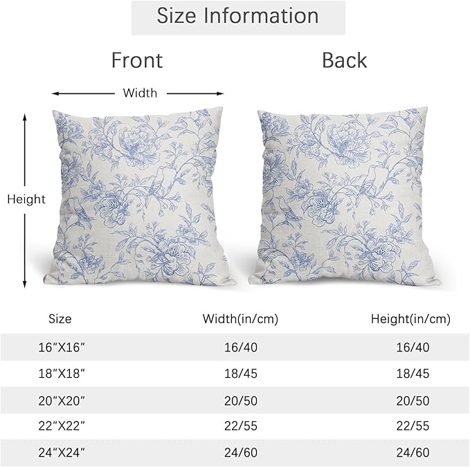 White Blue Chinoiserie Pillow Covers 24x24 Set of 2 Decorations Vintage Floral Throw Pillow Covers Boho Decor Rustic Pillowcases Farmhouse Pattern Soft Cozy for Sofa Bed Chair Home Decorative
