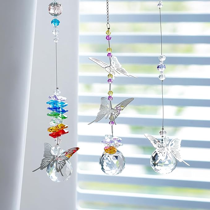 H&D HYALINE & DORA Crystal Suncatcher Window Hanging Ornament Crystals Ball Prism Rainbow Maker Butterfly Decor Pendant Set for Home Garden