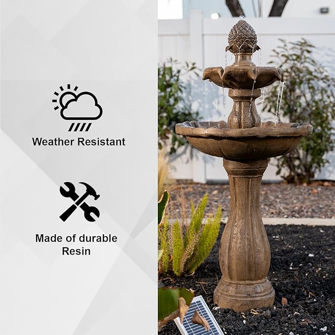 XBrand 44" H Fiberglass/Resin 2-Tier Outdoor Water Fountain with Solar Panel & Auto-Shut Off Pump, Tall Garden Birdbath Fountain