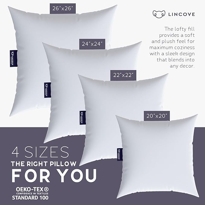 Lincove Euro Throw Pillow Insert Square 20"x20" Pillow – Made in Canada, 100% Cotton Shell, Down Alternative Filling, Vegan-Friendly, Hypoallergenic - Decorative Couch Pillows, 1 Pack