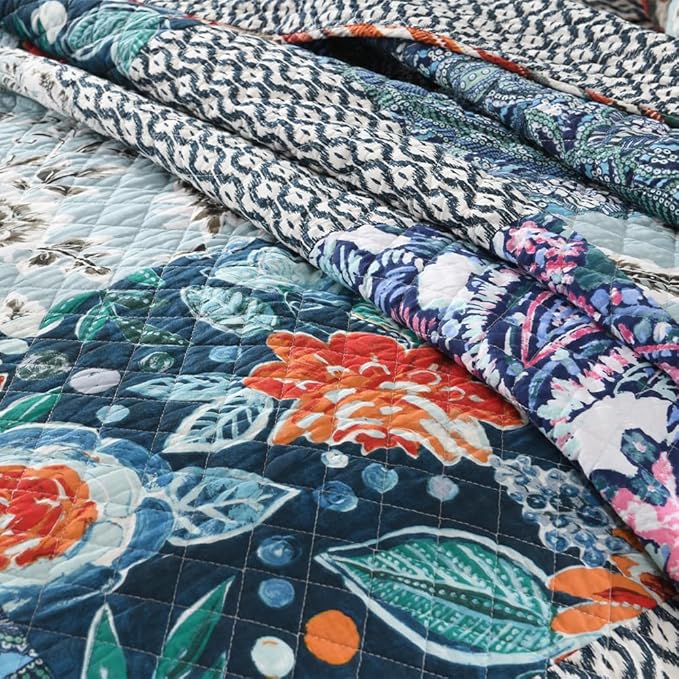 Cotton Bedspread Quilt Bedding Sets Reversible Coverlet Sets 3 Pieces Vintage Floral Blue Teal Patchwork Bedspread, King Size