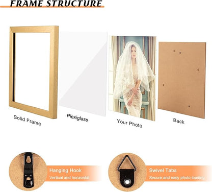 6x10 Picture Frame Gold, Rustic Natural 10x6in Photo/Portrait/Poster/Art Frame, Wall Hanging/Tabletop, Horizontal/Vertical Display Gallery Family Wedding Memorial Pic Frame Gift