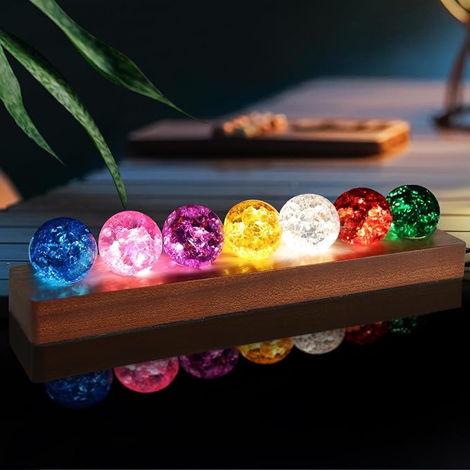 LOSCHEN 7 Colors Ice Cracked Balls, Core Memories Crystal Balls with LED Sapele Wood Base, Natural Healing Spheres Set for Home Living Room Meditation Positive Energy Decoration Balls