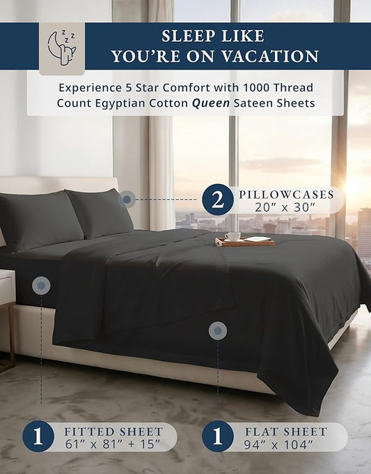 100% Egyptian Cotton Sheets Queen Size Bed Set – 1000 Thread Count Naturally Cooling & Breathable Sateen Queen Sheets Set, Long-Staple Cotton for Lasting Softness, Snug Fit 15" Deep Pocket - Black