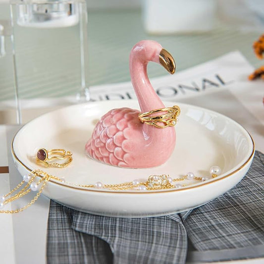 Flamingo Ring Holder Dish, Ceramic Jewelry Tray Trinket Dish for Necklace Keychain Organizer, Cute Funny Birthday Wedding Mothers Day Gift for Women Friends Girls
