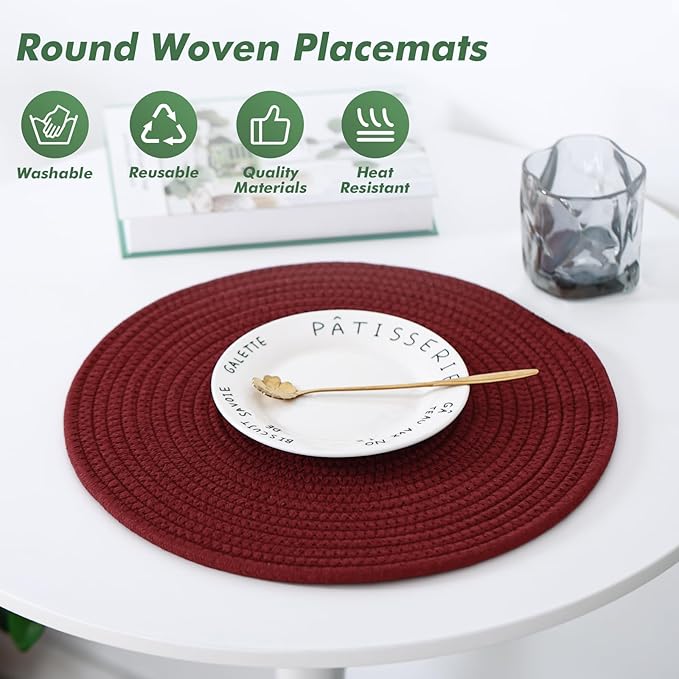 Aertiavty 8 Pack Round Woven Placemats for Christmas 13.5 Inches Red Heat Resistant Placemats Farmhouse Cotton Rope Place Mats for New Year Trivets for Hot Dishes, Burgundy