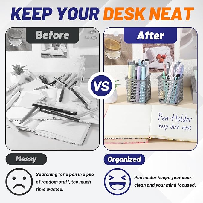 Segarty Pen Cup Holder, 6 Pack Square Silver Pen Holder for Desk, Multifuntional Mesh Pencil Cups Containers for Marker, Office Supplies, School Students, Home Desktop, Brush Organizer