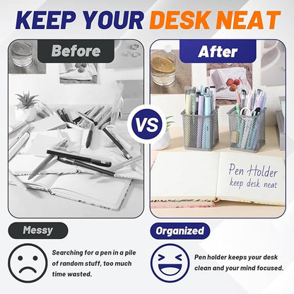 Segarty Pen Cup Holder, 6 Pack Square Silver Pen Holder for Desk, Multifuntional Mesh Pencil Cups Containers for Marker, Office Supplies, School Students, Home Desktop, Brush Organizer