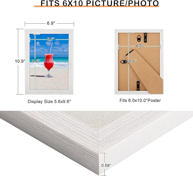6x10 Picture Frame White, Rustic Natural 10x6in Photo/Portrait/Poster/Art Frame, Wall Hanging/Tabletop, Horizontal/Vertical Display Gallery Family Wedding Memorial Pic Frame Gift