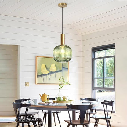 KCO Lighting Vintage Green Glass Pendant Light Kitchen Island Lighting Farmhouse Ribbed Glass Pendant Lighting Large Globe Pendant Light Fixture Brass Gold Single Ceiling Hanging Light