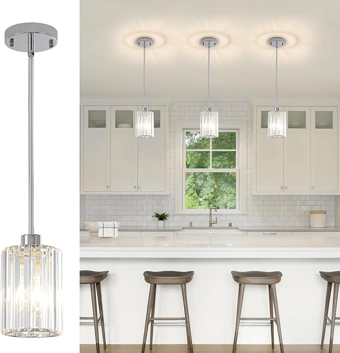 Chrome Pendant Lights for Kitchen Island, 3 Pack Modern Crystal Pendant Light Fixtures, Mini Kitchen Hanging Lights for Dining Room, Hallway, Foyer, Entryways