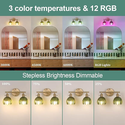 Battery Operated Bathroom Light Fixtures, 2-Light Brass Vanity Wall Light with 5000mAh Rechargeable Bulb Over Mirror with Green Tulip Glass Shade for Bedroom Living Room