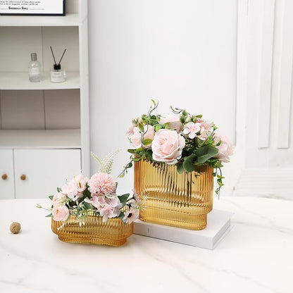 Short Glass Vases, Set of 2 Amber Glass Vases for Tulips, Ribbed Vase for Flowers, Modern Small Vase for Living Room, Dining Room, Bathroom, Desk, Shelf, Wedding, Office