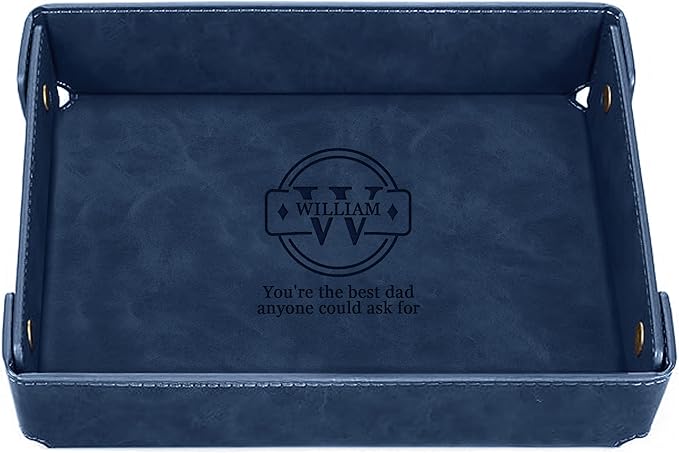 Engraved Father’s Day Leather Valet Tray – Personalized Leather Catch All with Custom Name – Men’s Valet Tray Organizer for Keys, Watches, and Jewelry – Unique Dad Gift from Daughter or Son - Blue